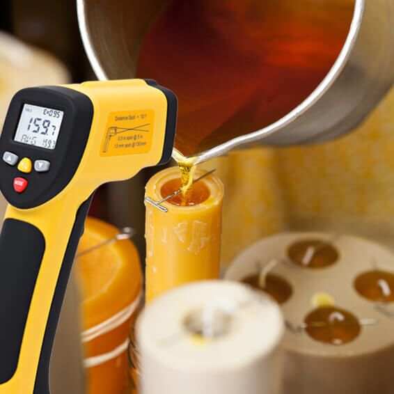 Measuring beeswax temperature with the ennoLogic non-contact thermometer when making candles.