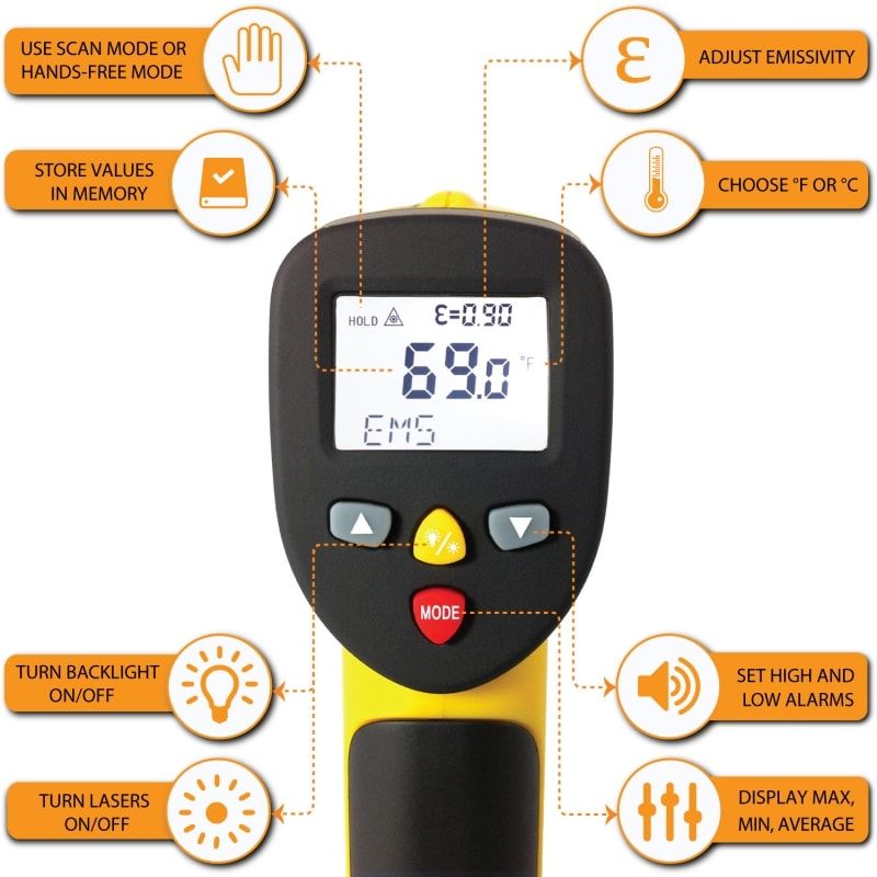 Temperature Gun IR Infrared Thermometer Non-Contact Digital Instant Read  Tool Handheld with Laser Sight Accurate LCD Display 9v Battery Yellow/Black  