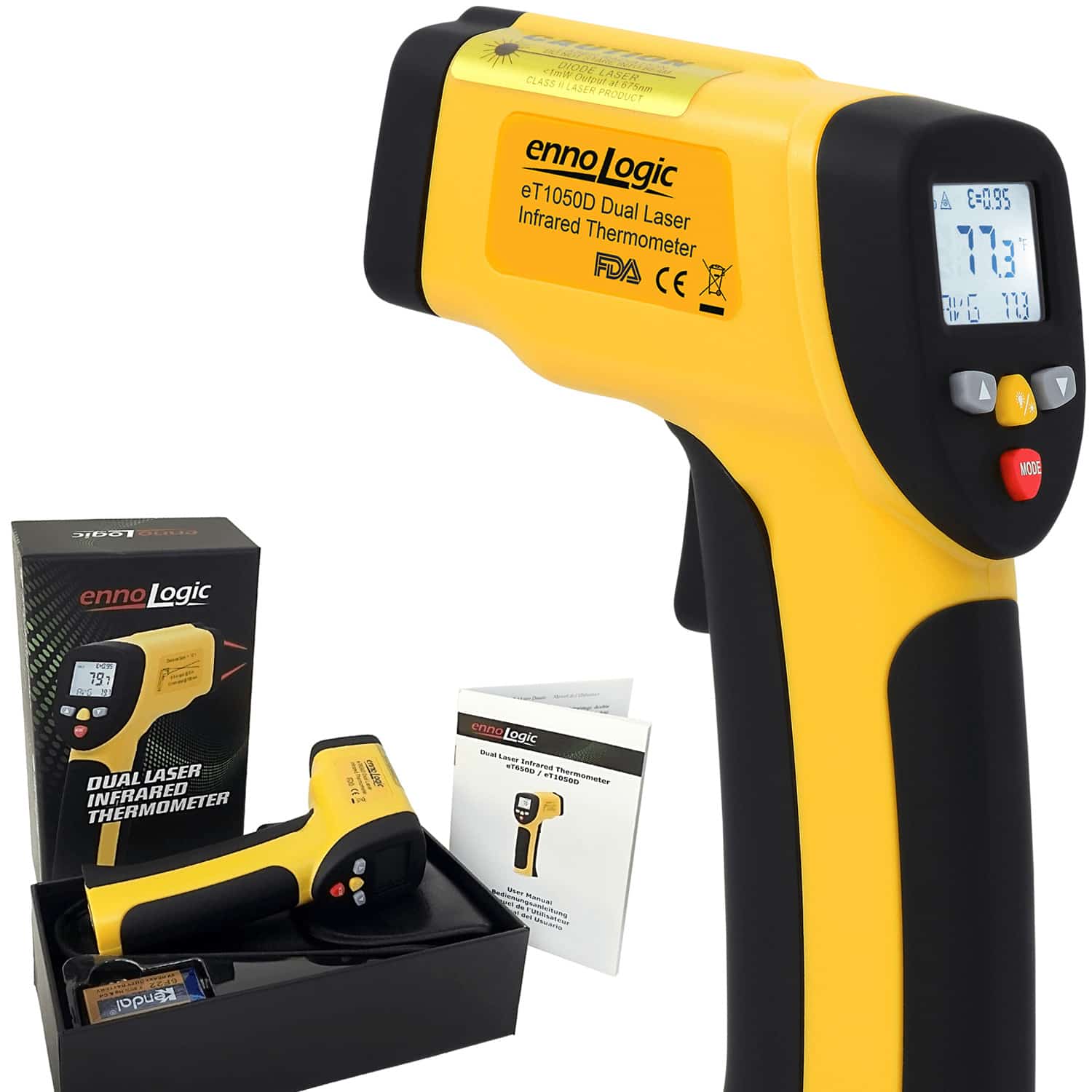 Temperature Gun by ennoLogic - Accurate High Temperature Dual Laser Infrared Thermometer -58f to 1922F - Digital Surface IR Thermometer eT1050D